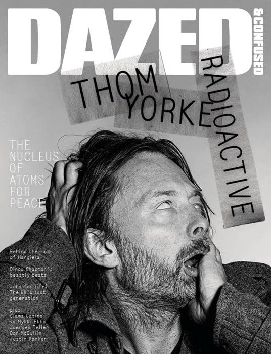 a man with his head in his hands on the cover of dazed magazine, featuring an advertisement for radioactie