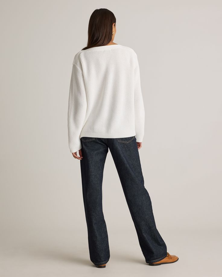 You loved our 100% Organic Cotton Fisherman Crew, so we put a fresh spin on it with the 100% Organic Cotton Fisherman Boatneck Sweater. The intricate fisherman knit adds a touch of timeless sophistication, while the wide boatneck enhances your neckline with a subtle, graceful charm. Crafted from super-soft organic cotton in a wide ribbed knit, it's comfy and made to last.  | Quince | Women's Fisherman Boatneck Sweater in Ivory, Size Small, Organic Cotton Jenni Kayne, Boatneck Sweater, Organic Fabrics, Quince, Boat Neck, Ribbed Knit, Organic Cotton, Sweaters For Women, Size Medium