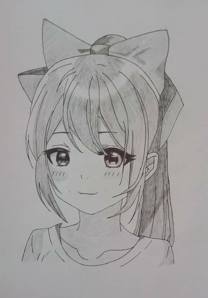 a pencil drawing of a girl with big eyes and a bow on her head, looking at the camera