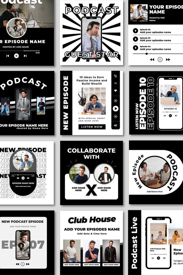 several different business cards with black and white designs