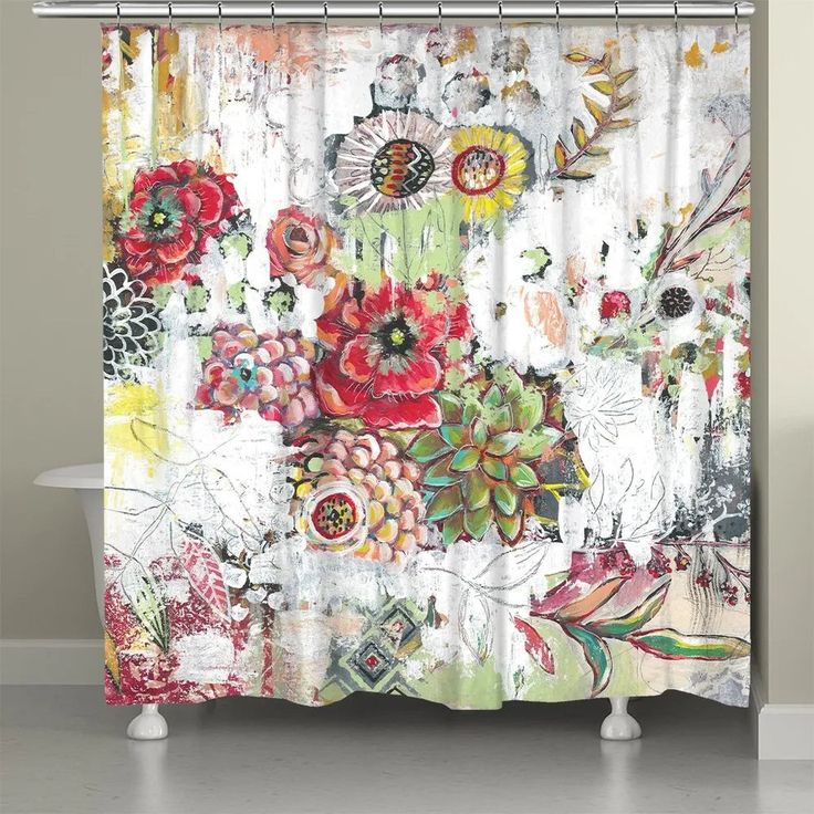 an artistic shower curtain with flowers and birds on the watercolor background, is featured in this bathroom