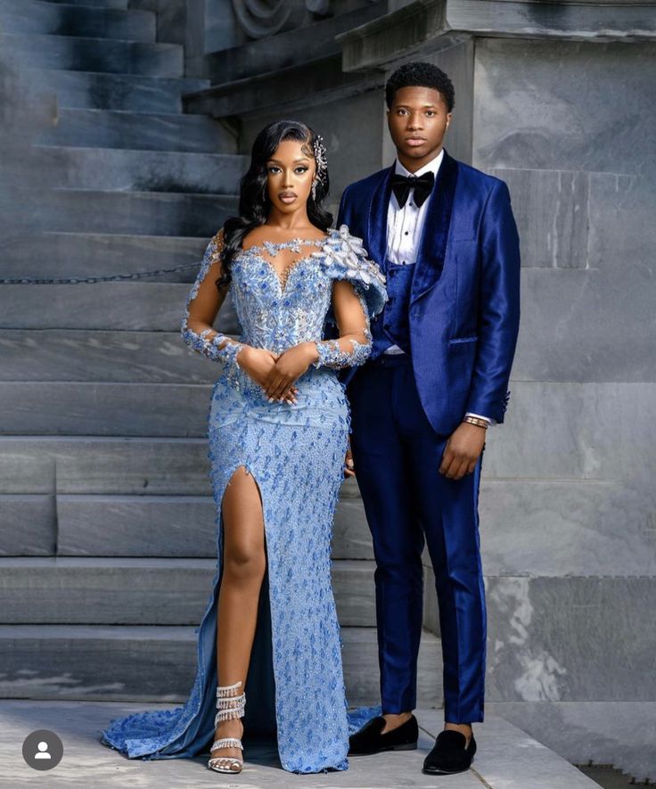 Different Color Prom Dresses, Matric Dance Couples, West African Prom Dress, Prom Colors Black People, Teal Prom Dress Couple, Prom Poses Black Couples, South African Prom Dresses, Prom 2024 Ideas, Prom Dress Black Couple