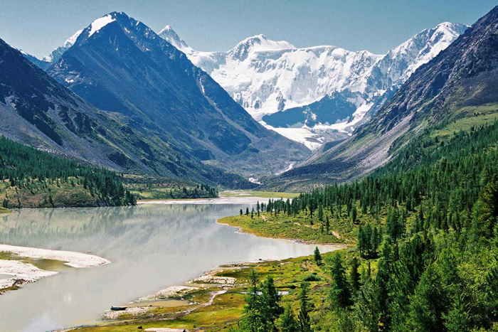 the mountains are covered with snow and green trees in the foreground is a body of water