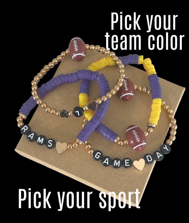 two purple and yellow bracelets with football charms on them that say pick your team color