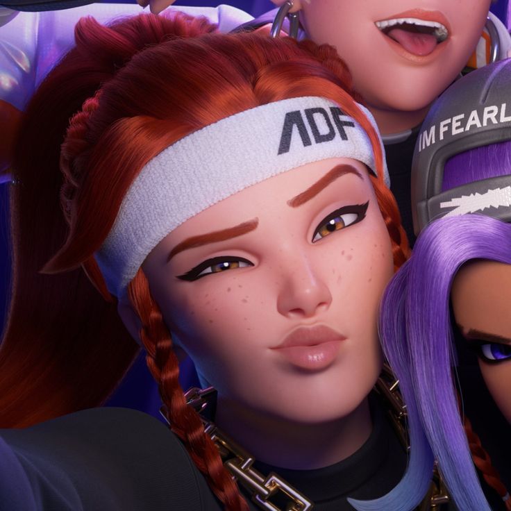 three female characters with purple hair and headbands