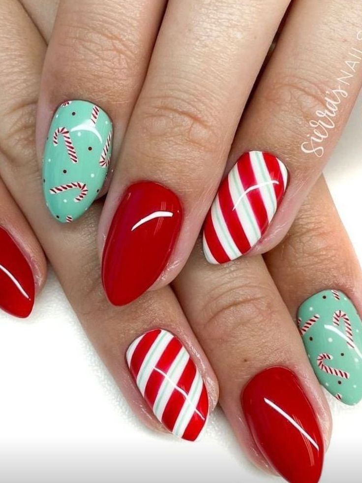 Funky Christmas Nails, Pastel Christmas Nails, Candy Cane Nail Designs, Christmas Lights Nails, Lights Nails, Candy Cane Nail, Fruit Nail Designs, Fab Nails, Festive Nail Art