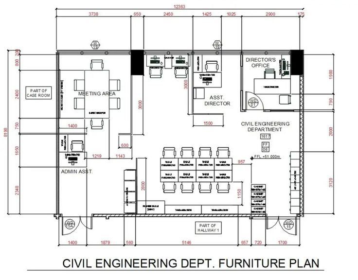 the floor plan for an office with furniture