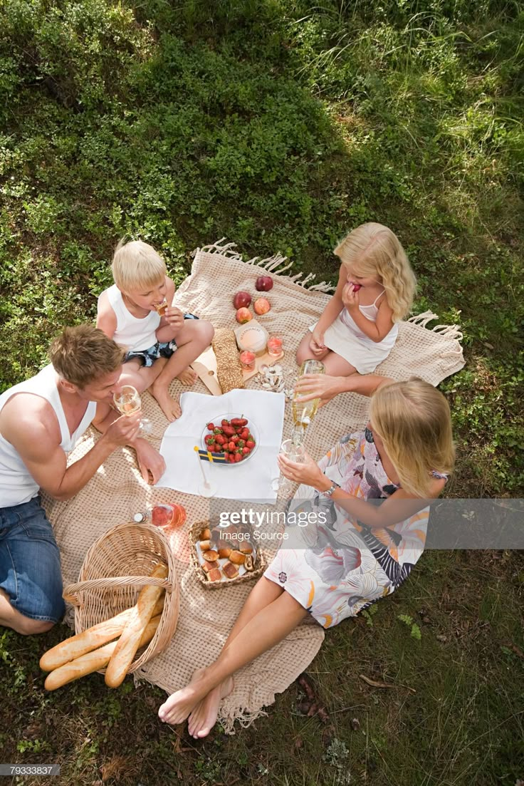 people sitting around a table with food and drinks in the grass, looking down at them