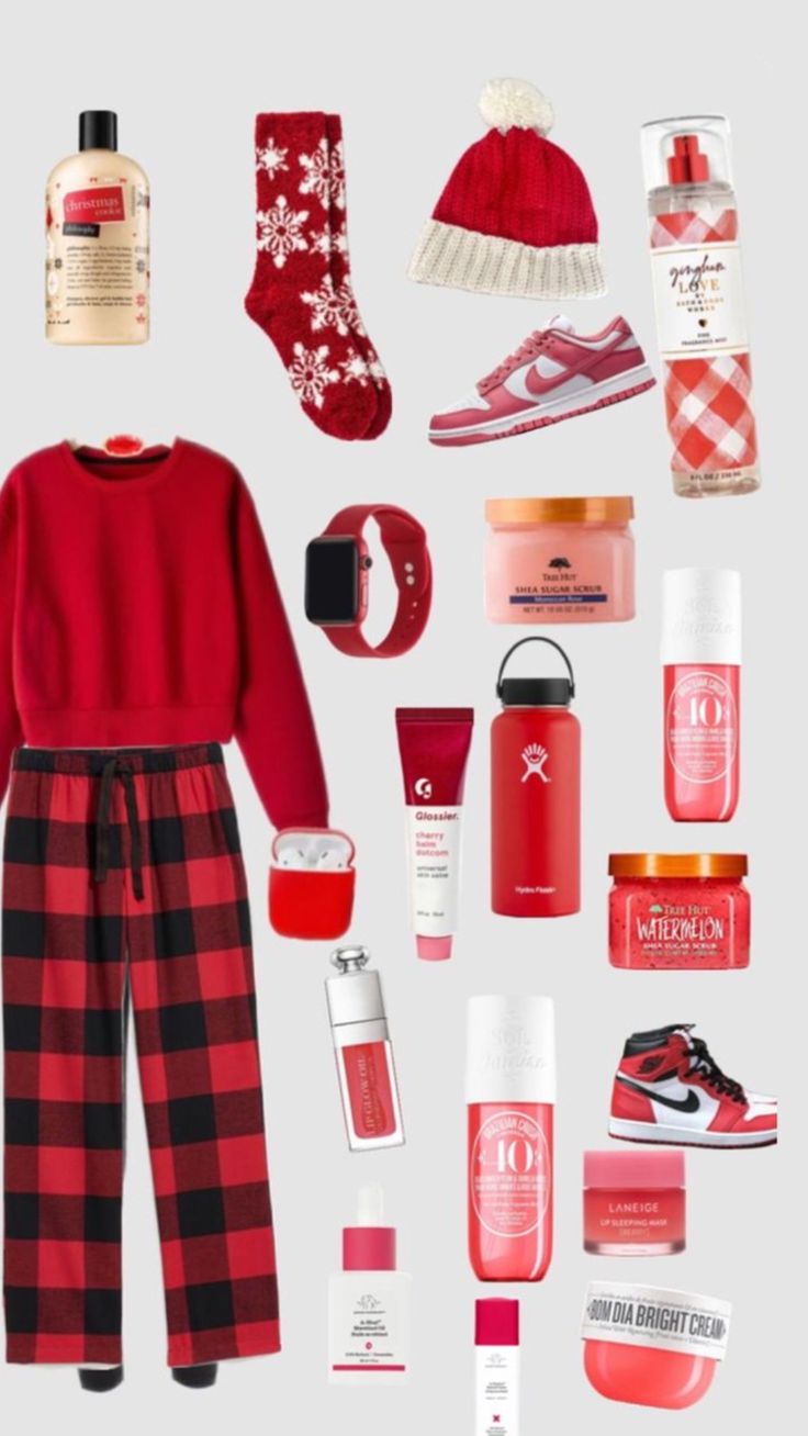 the contents of a woman's christmas outfit including shoes, socks and other items