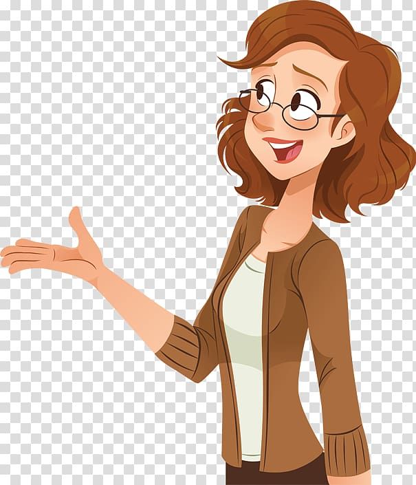 a cartoon woman with glasses holding out her hand and smiling at the camera transparent background