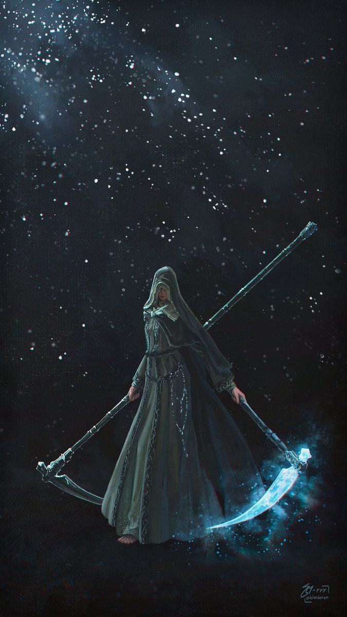 a painting of a woman holding two wands in front of the night sky with stars