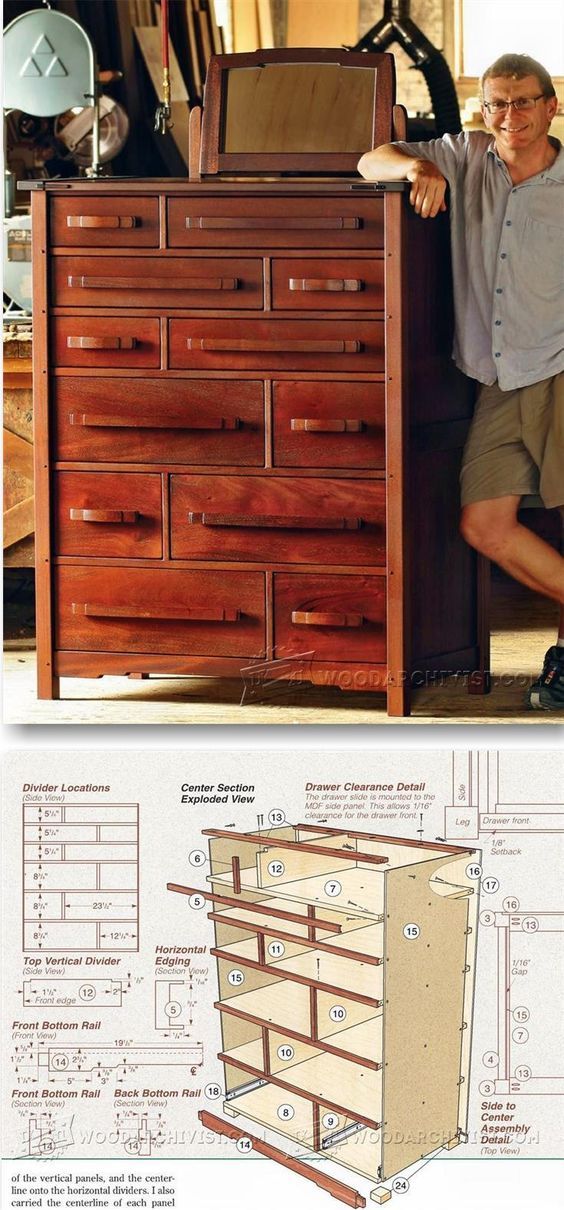 a man standing next to a wooden dresser with drawers and shelves on top of it