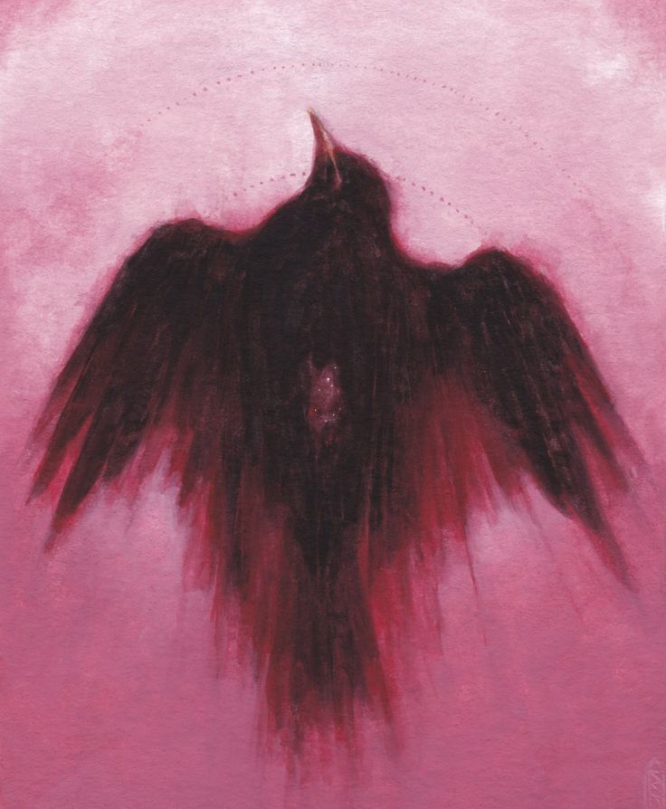 a painting of a black bird with its wings spread out in front of a pink sky