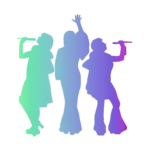 the silhouettes of three people are holding their hands up in the air and one is singing