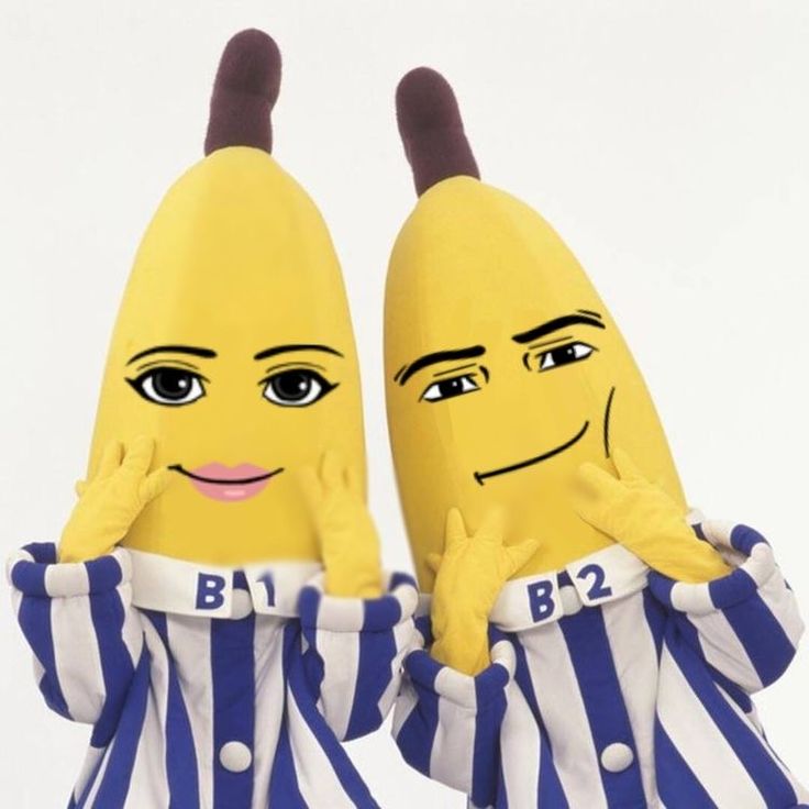 two banana dolls are dressed in blue and white striped outfits, one is holding his hand up to the other's face