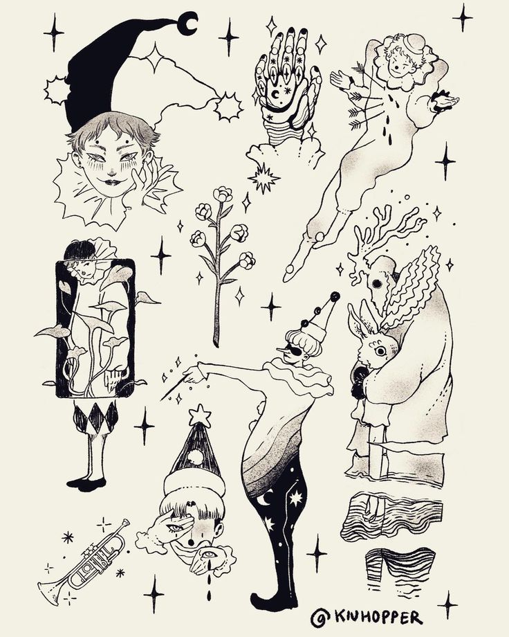 black and white drawing of various items in the shape of people with hands on them