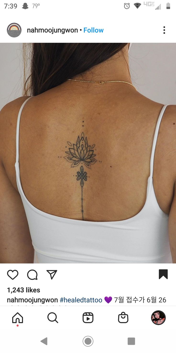 the back of a woman's shoulder with a lotus tattoo on her left side