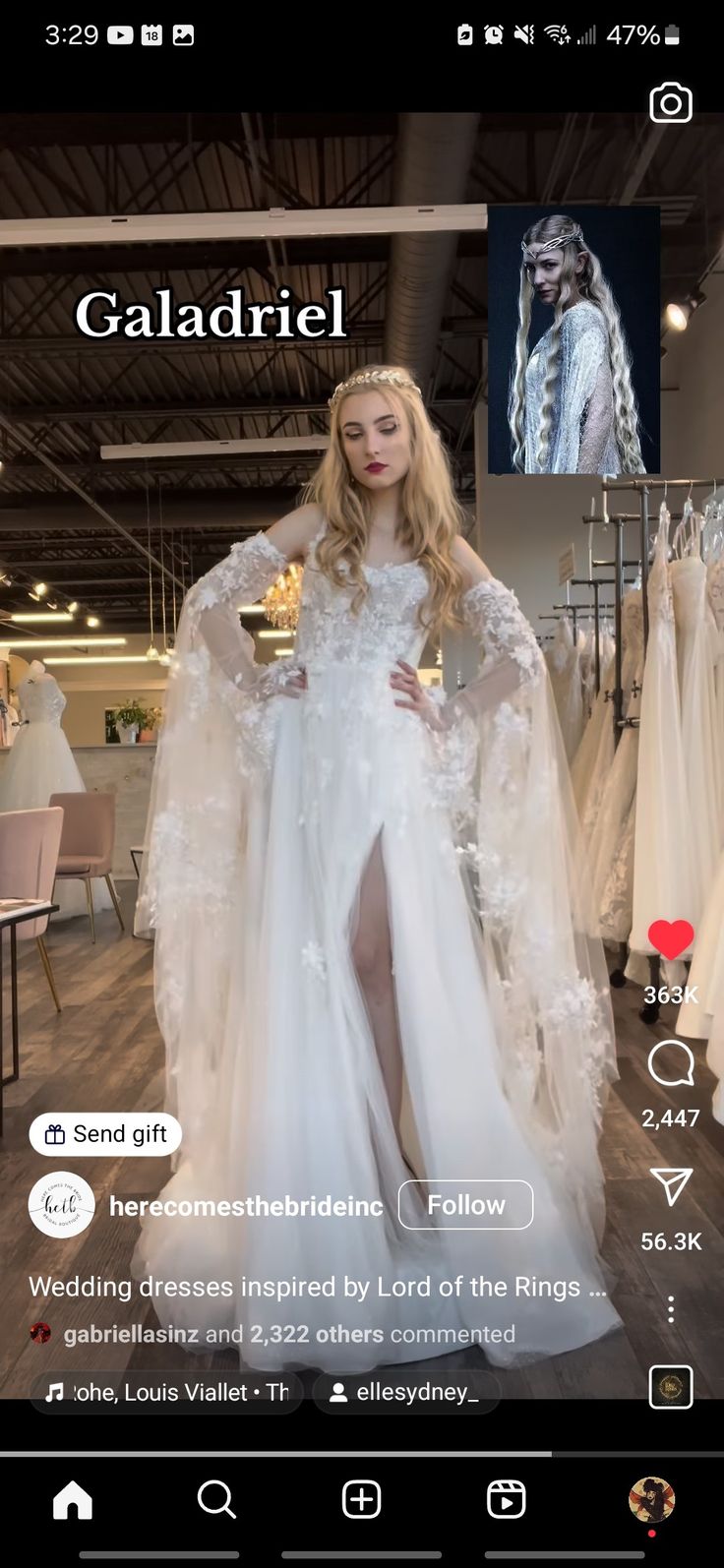 a woman in a white dress is standing next to dresses on display at a store