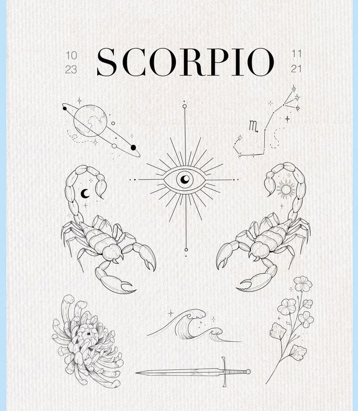 the cover of scorpio, with drawings of scorpions and other things on it