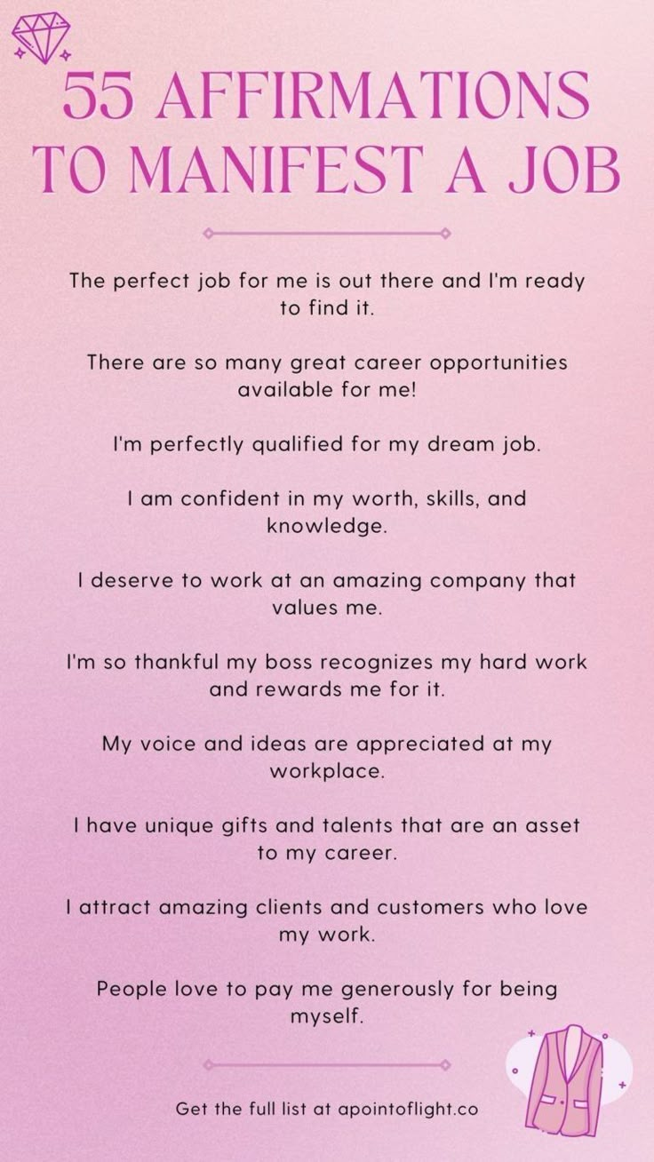 a pink card with the words, 5 affirmations to manfest a job