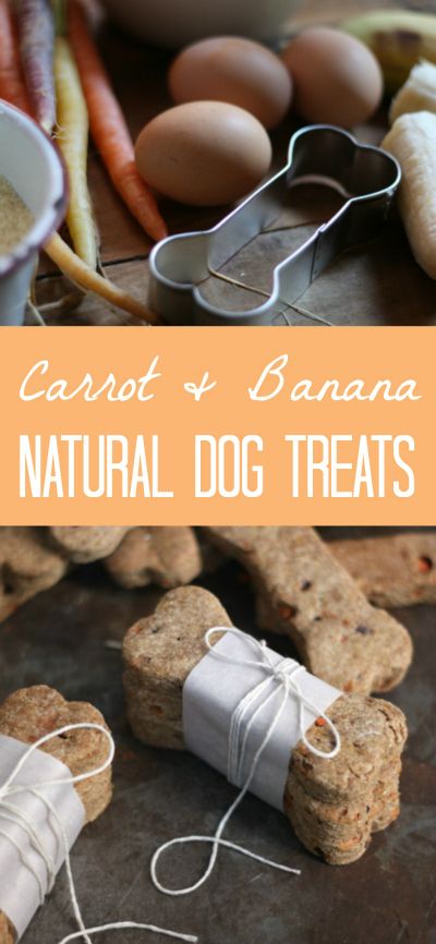 carrots, banana, and dog treats on a table with text overlay that reads carrot & banana natural dog treats