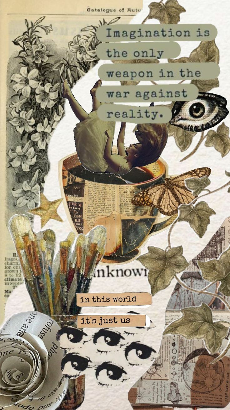 an altered collage with words, pictures and images on it's paper work