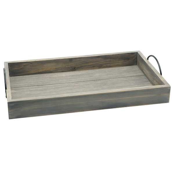 a wooden tray with metal handles on an isolated white background