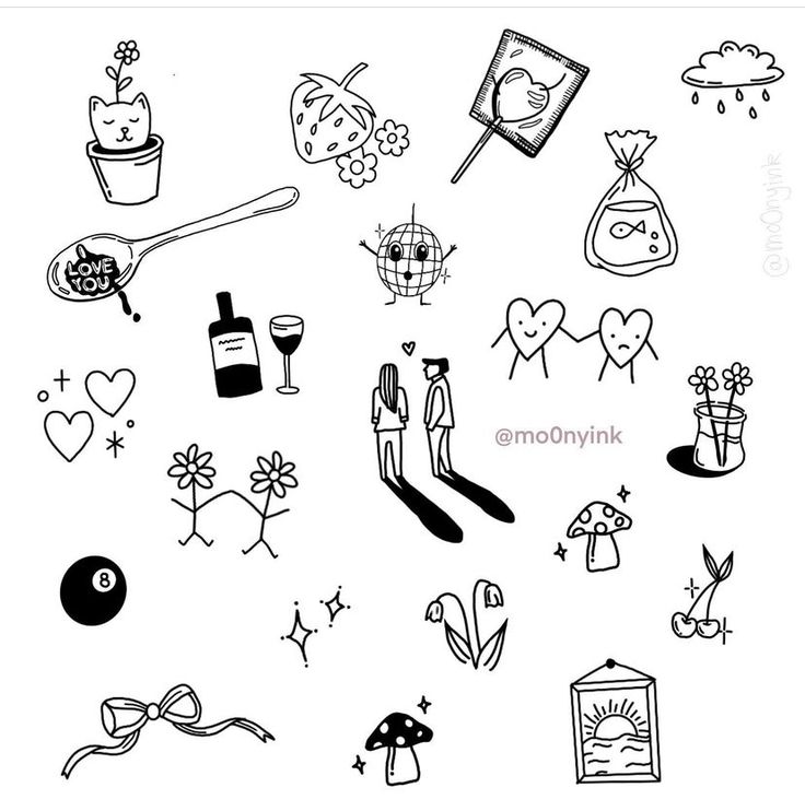 some black and white drawings with different things on them, including flowers, wine glasses, candles