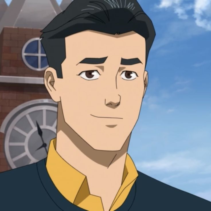 an animated man standing in front of a clock tower