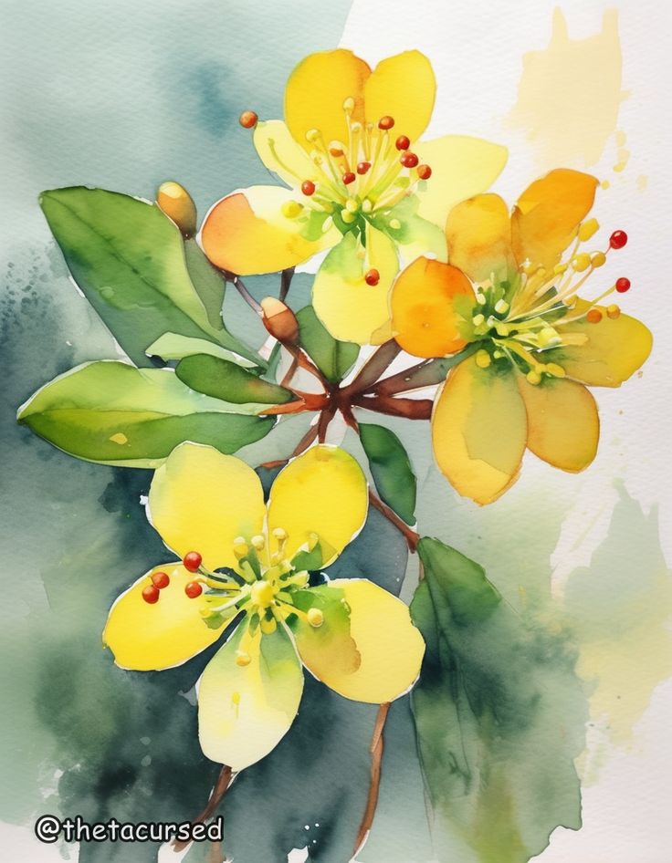 a painting of yellow flowers with green leaves