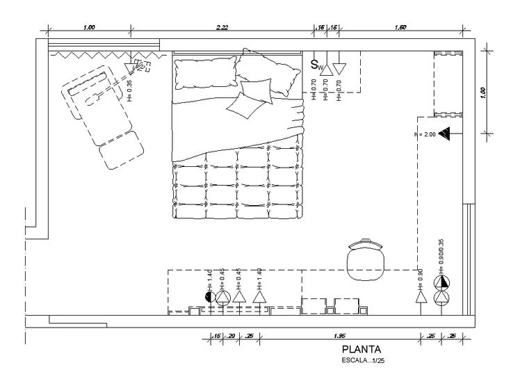 a drawing of a bedroom with furniture and floor plans