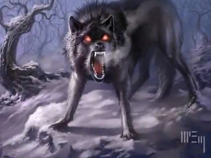 a wolf with its mouth open and glowing red eyes standing in the middle of a snowy forest