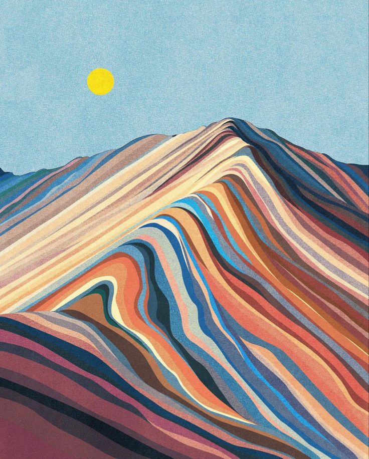 an abstract painting of mountains and hills with the sun in the sky above them on a clear day