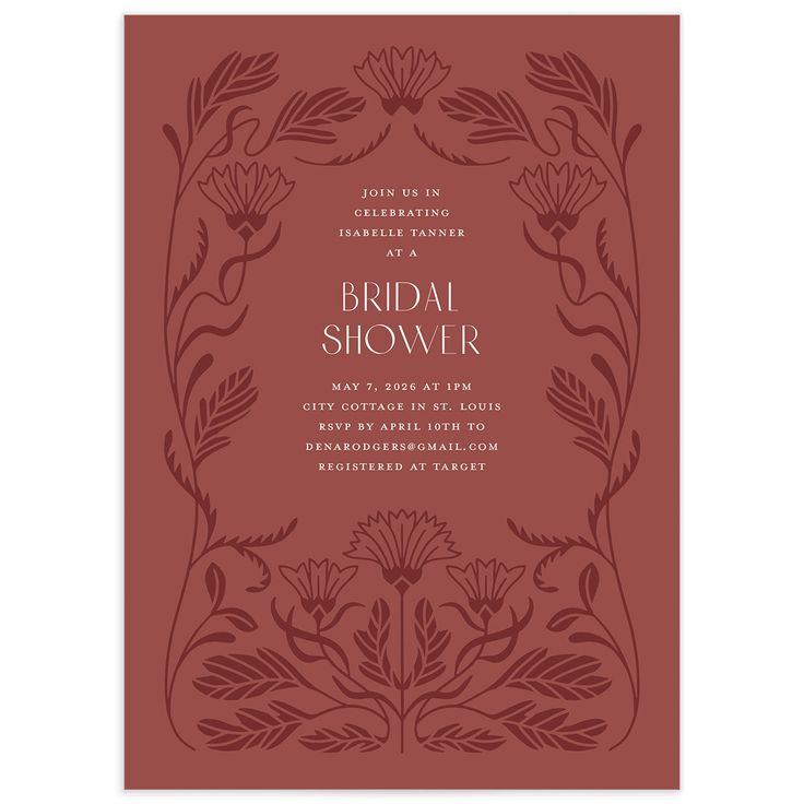 the wedding shower card is shown in red, with an ornate border and floral design