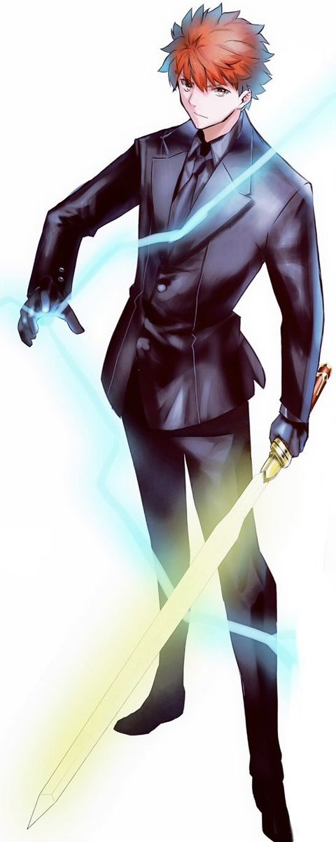 an anime character with red hair and black suit holding two swords in his right hand