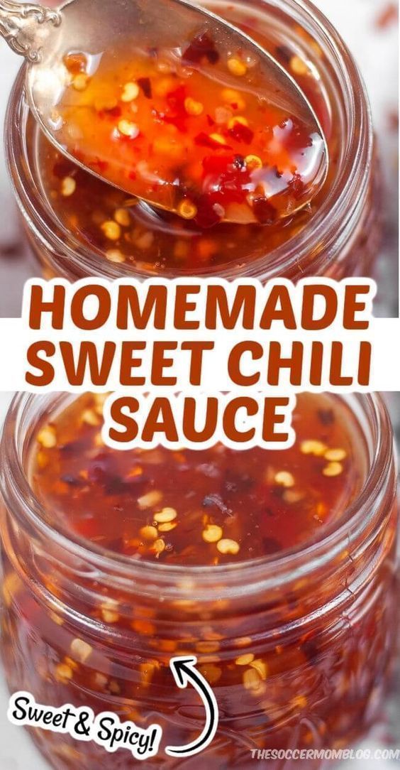 homemade sweet chili sauce in a glass jar with spoon on top and text overlay reading homemade sweet chili sauce