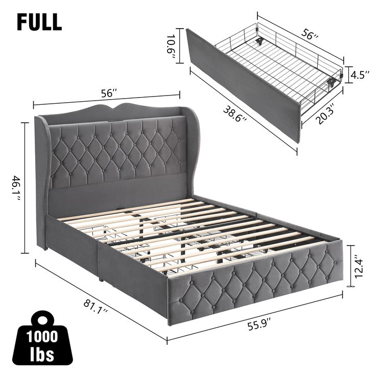 the full size bed frame is shown with measurements