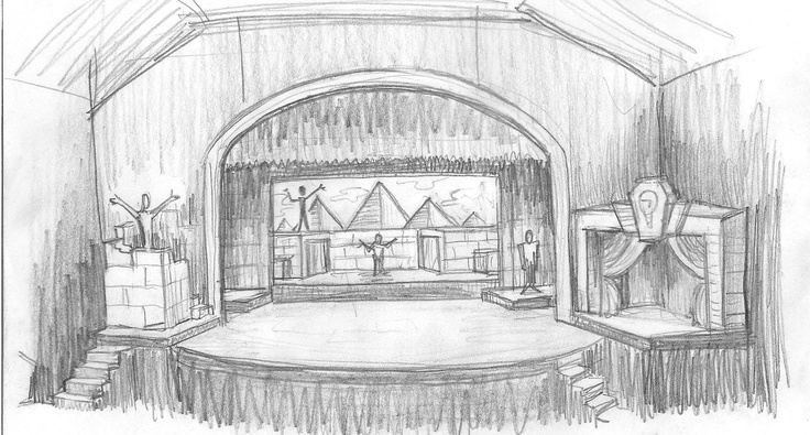 a drawing of a stage with boxes on the floor and an arch leading into it