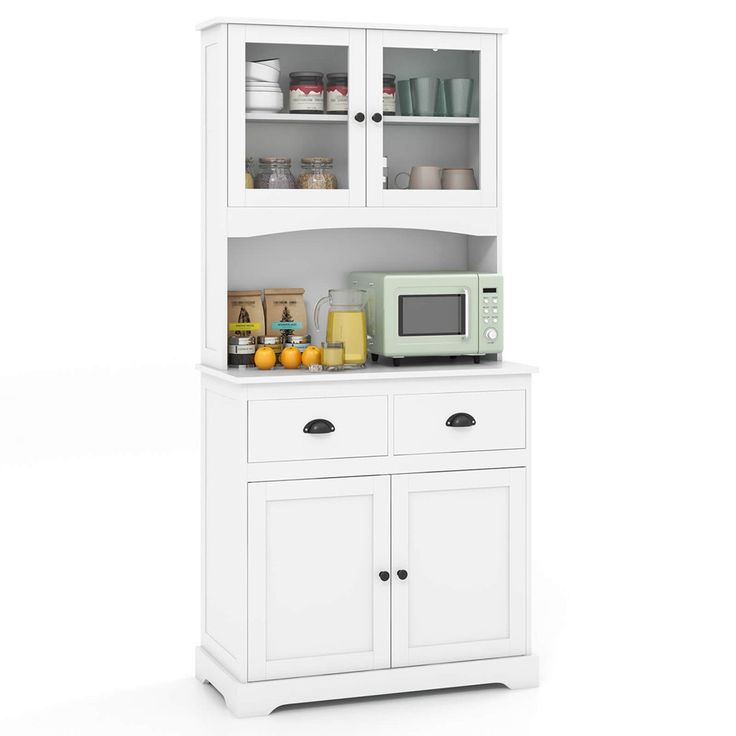 a white cabinet with two shelves and a microwave on the top, in front of a white background