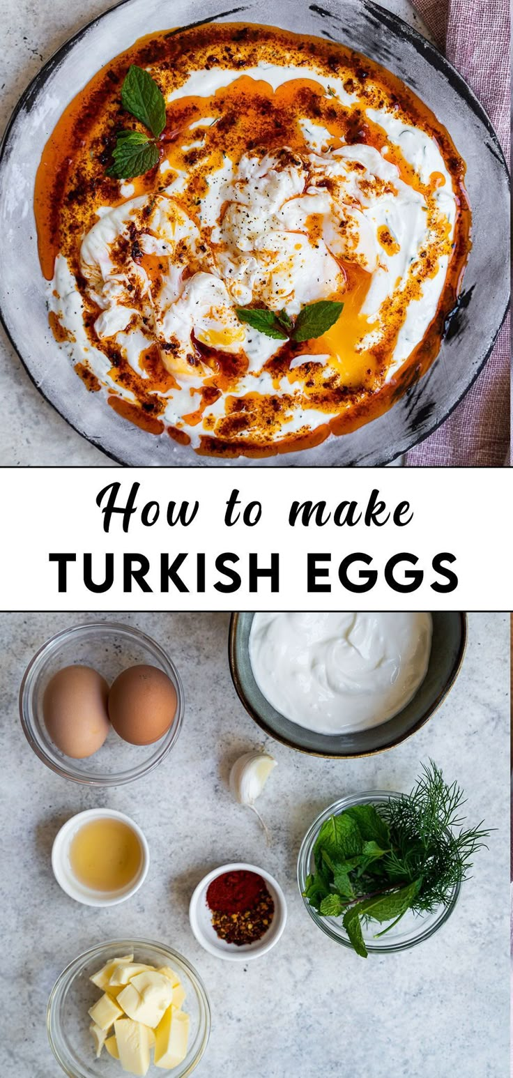 how to make turkish eggs in the kitchen and on the table with it's ingredients