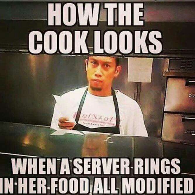 a tv screen with a man in an apron on it that says how the cook looks when a server rings in her food, all modified