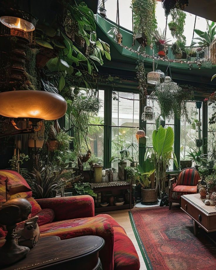 a living room filled with lots of plants and furniture