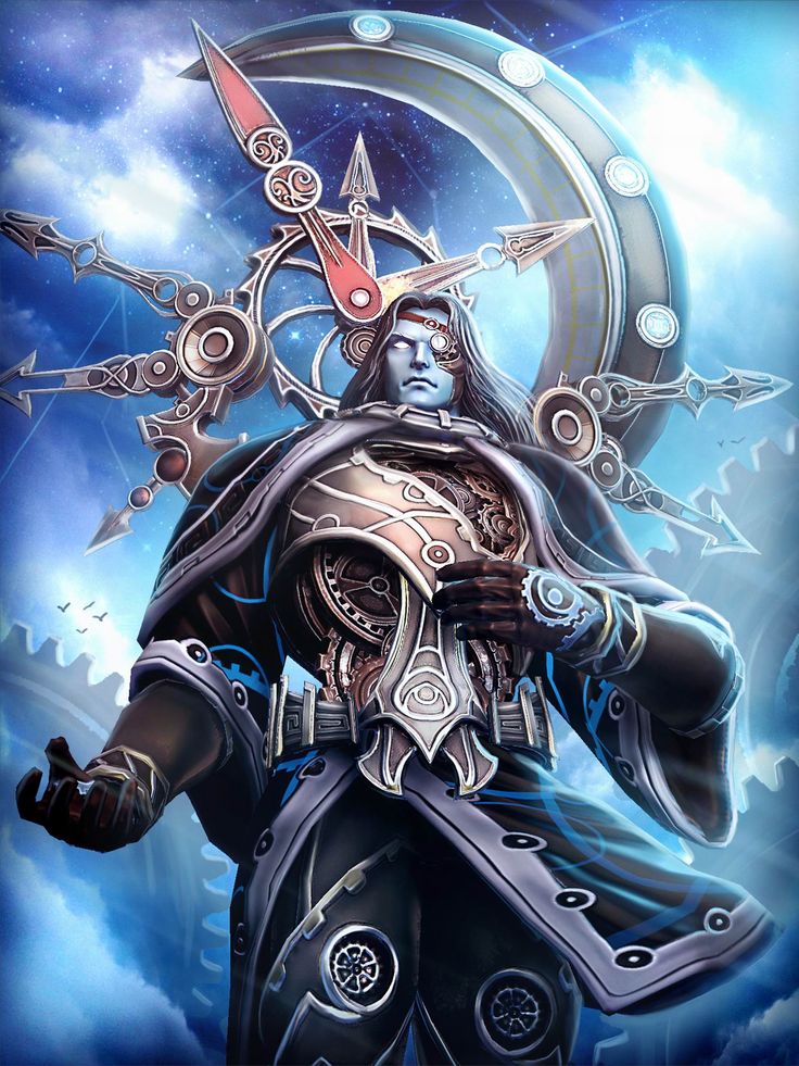 a painting of a man in armor holding two swords and an astrological sign above his head