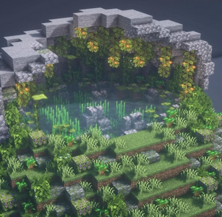 Waterfall Design Minecraft, Overgrown Garden Minecraft, Minecraft Frog Pond Ideas, Lake Base Minecraft, Minecraft Jungle Garden, Swamp Biome Minecraft, Pond House Minecraft, Cute Minecraft Pond Ideas, Minecraft Island Terraforming