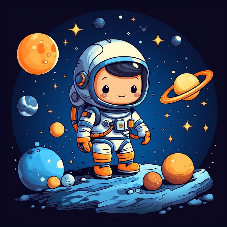 an astronaut is standing on the moon with planets around him and stars in the background