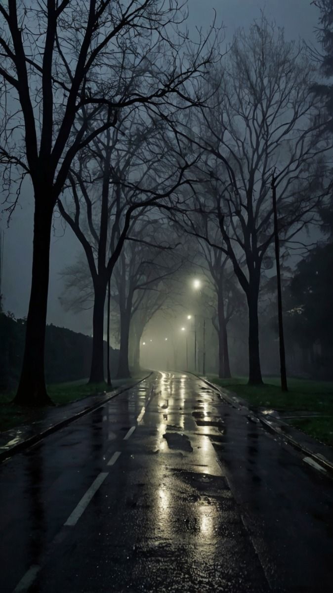 an empty street at night with the lights on and trees in the foggy area