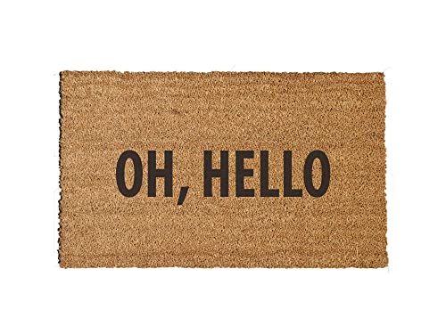 a door mat with the words oh, hello written on it in black ink against a white background