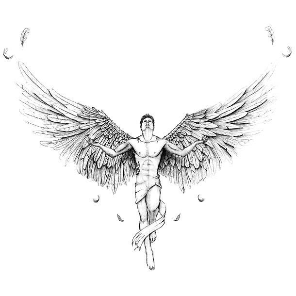 a drawing of a man with wings on his body