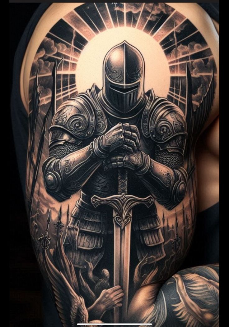 the back of a man's arm with tattoos on it and an image of a knight