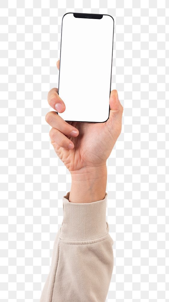 a person holding up a cell phone with a white screen in their hand, on a transparent background